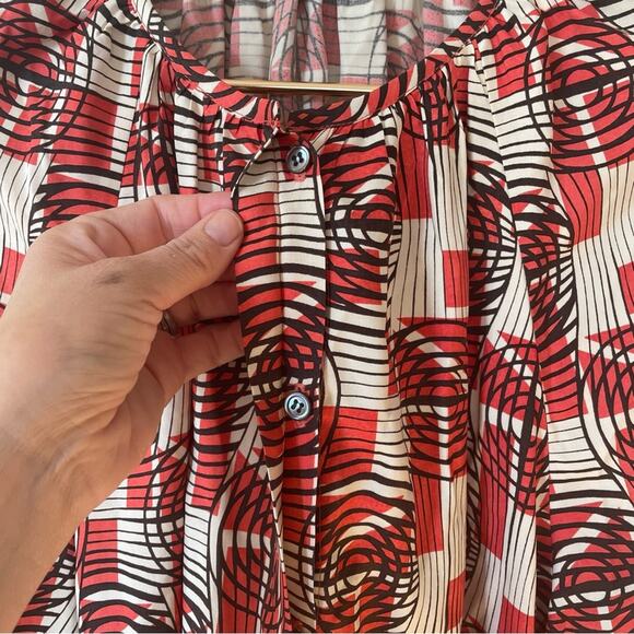 Whit Geo Print Balloon Sleeve Button Front Silk Blouse L - Picture 4 of 8